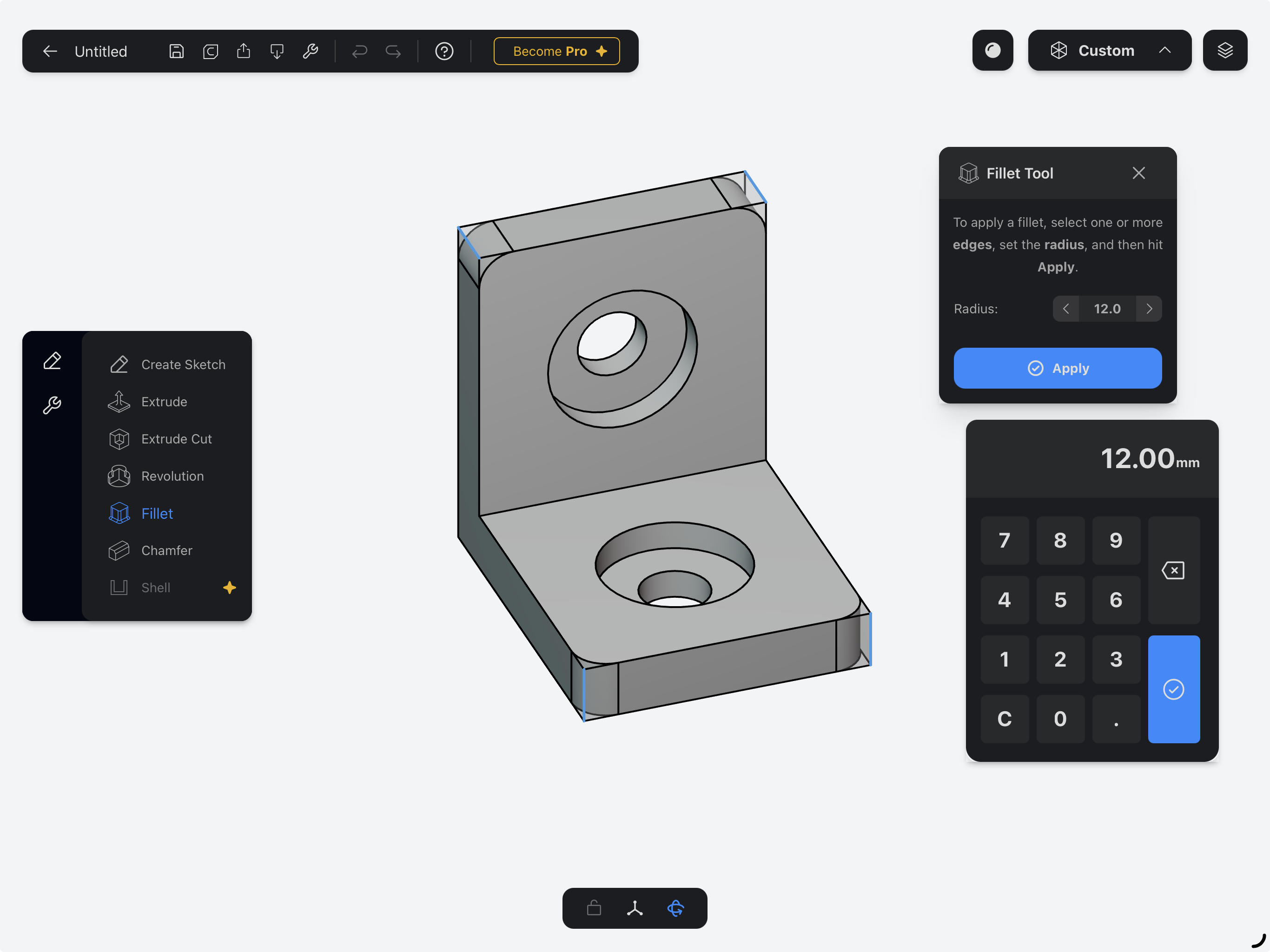A sleek 3D model of a bracket designed in Part3D on an iPad.